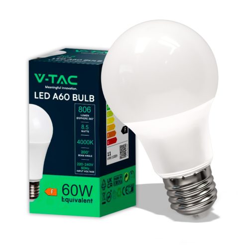 LED izzó 8,5W E27 A60 4000K V-TAC